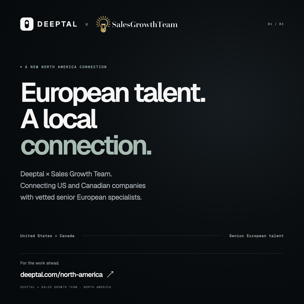 European talent. A local connection. Deeptal and Sales Growth Team partnership announcement, in Deeptal’s typography and colors.