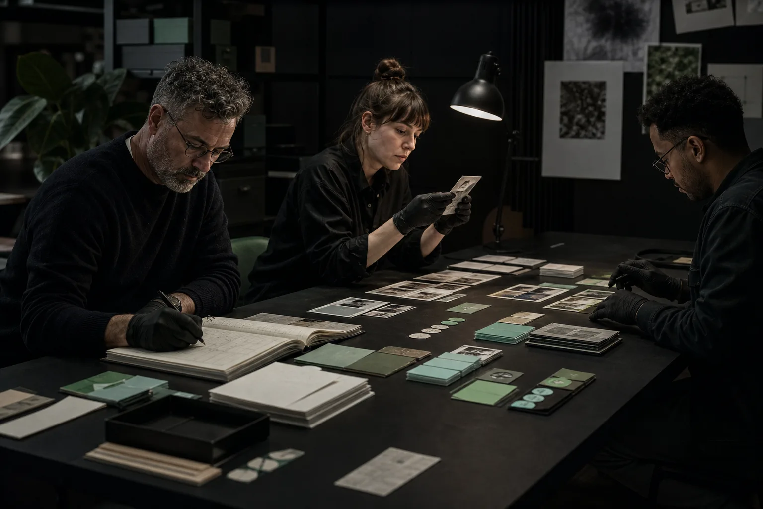 Data and domain specialists reviewing physical samples and quality-control decisions at a dark inspection table.