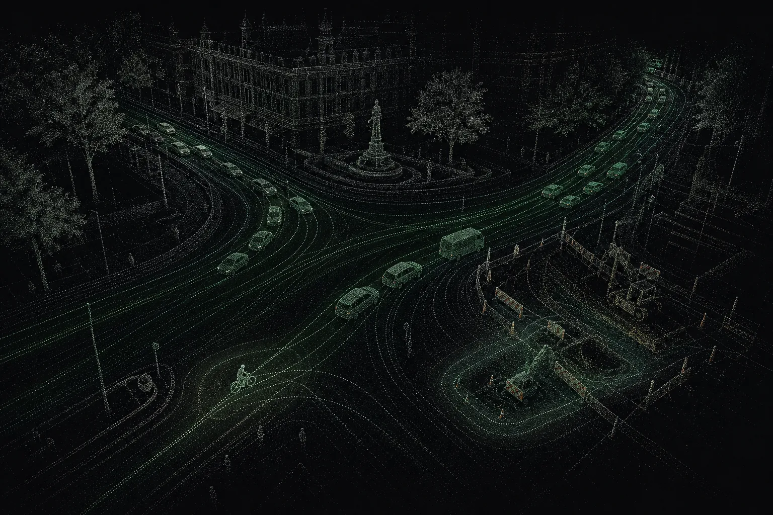 Dark LiDAR point cloud of a road junction with routine tracks and uncertain safety-critical objects highlighted in muted mint.