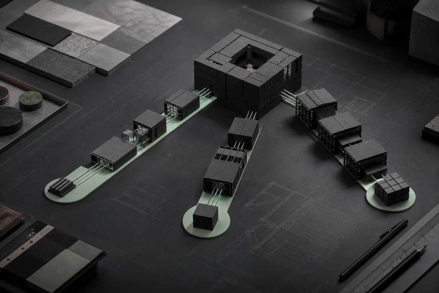 A modular charcoal production system with detachable mint-accented capacity blocks representing different ways to expand a team.